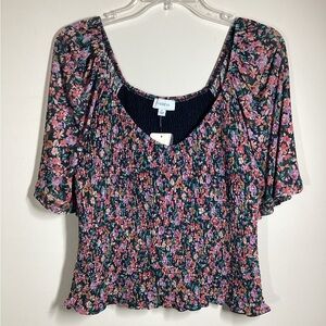 NWT Evereve L Anika Floral Smocked Lined Blouse Sheer Mesh Sleeve Black Pink Red